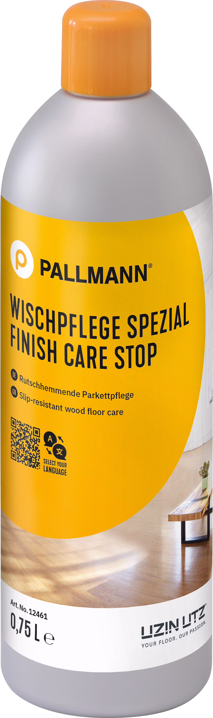 PALLMANN_dummy_FINISH-CARE-STOP_0,75l_msl_2023-05 Botella de plástico Pallmann 'Finish Care Stop' — producto para el cuidado de suelos de madera antideslizante, envase gris y amarillo con tapa naranja, 0,75 L, con logotipo y etiqueta del producto.