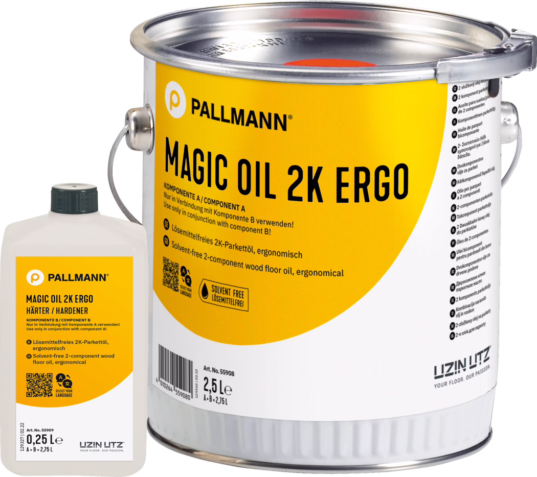 PALLMANN_dummy_Magic-Oil-2K-Ergo_2,75l_msl_2021-12 Primer plano de dos envases de Pallmann Magic Oil 2K Ergo para suelos de madera: una lata metálica grande de 2,5 L con etiqueta amarilla y asa metálica, y un frasco de plástico blanco más pequeño con tapa negra que indica 'Endurecedor / Componente B'. La etiqueta muestra la marca 'PALLMANN', el nombre 'MAGIC OIL 2K ERGO', la indicación 'sin disolventes' y '2 componentes', además de un código QR y un código de barras. Fondo blanco de estudio, producto centrado.