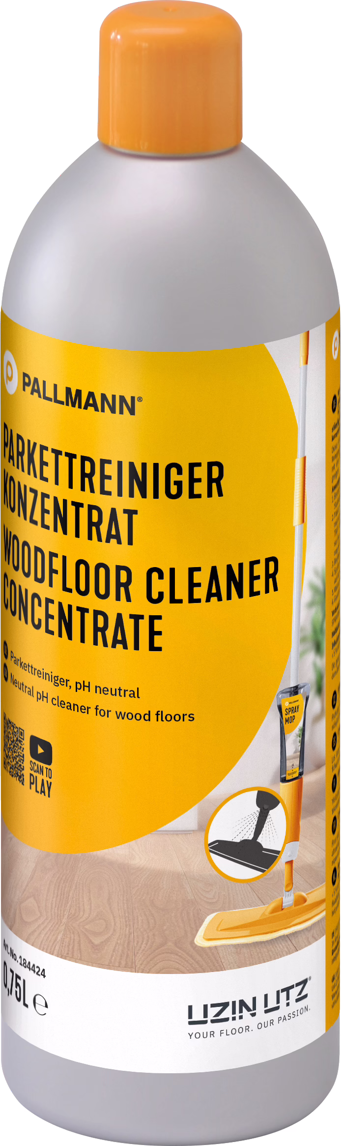 Una botella alta de plástico con una etiqueta amarillo-naranja brillante que contiene un concentrado limpiador para suelos de madera. En la parte superior aparece la marca 'PALLMANN' y en letras negras 'PARKETTREINIGER KONZENTRAT / WOODFLOOR CLEANER CONCENTRATE'. La etiqueta muestra una ilustración de una mopa con pulverizador y un icono que indica fórmula neutra en pH. La capacidad '0,75 L' es visible en la parte inferior. También hay un código QR y pictogramas de uso; el tapón es naranja y el cuello de la botella gris. Producto presentado como un concentrado neutro en pH para limpiar suelos de madera, que debe diluirse antes de su uso.