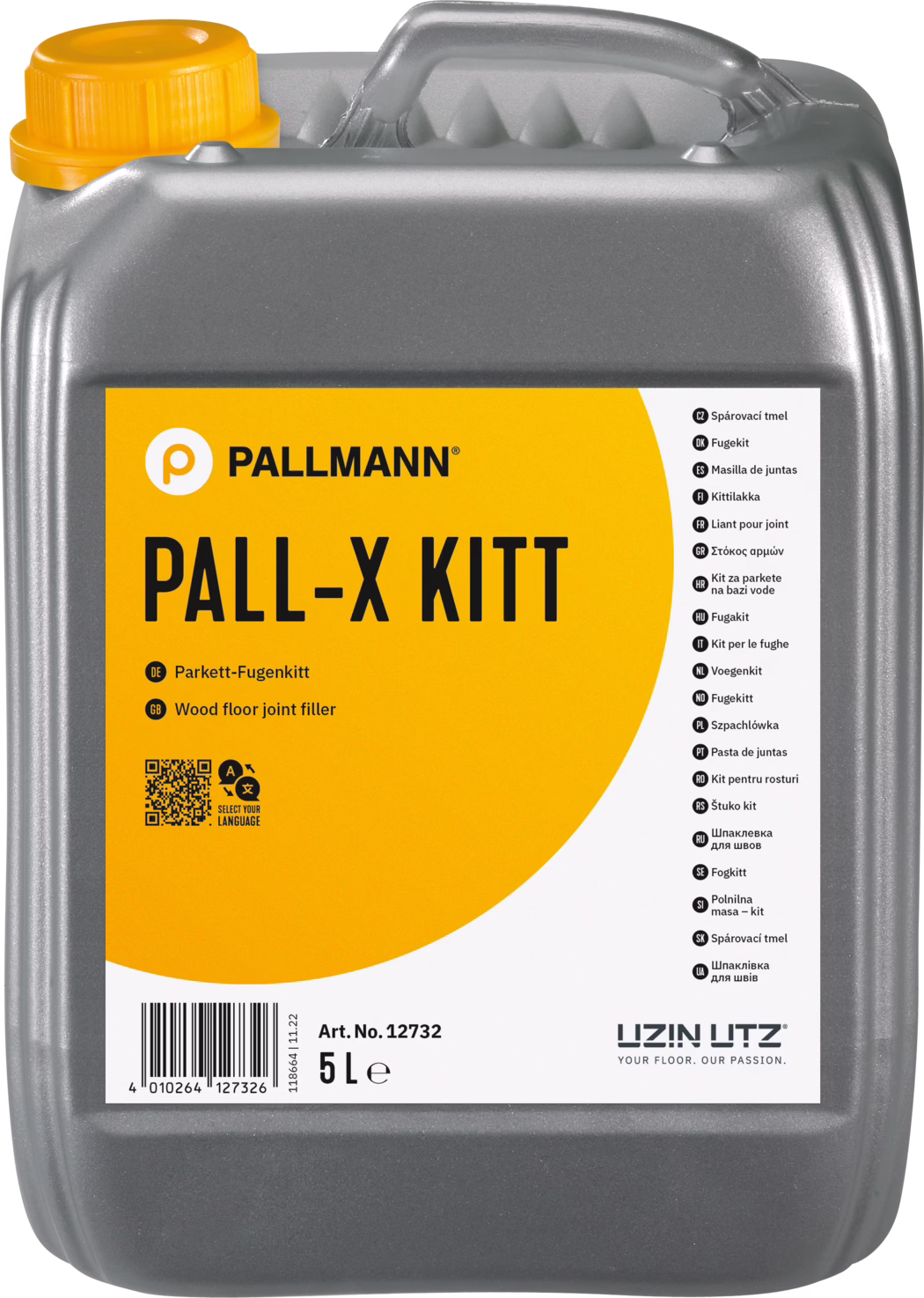 PALLMANN_dummy_Pall-X-Kitt_5l_msl_2021-12 Bidón de plástico gris de 5 litros con tapón de rosca amarillo, destinado a masilla para juntas de suelos de madera. En el frontal hay una gran etiqueta naranja y blanca con la marca PALLMANN y el nombre del producto PALL-X KITT en letras negras y gruesas. La etiqueta indica Parkett-Fugenkitt y Wood floor joint filler, un código de barras, un código QR, el número de artículo Art. No. 12732 y la capacidad 5 L, además del logotipo UZIN UTZ. El bidón tiene un asa integrada en la parte superior y una superficie gris texturizada.