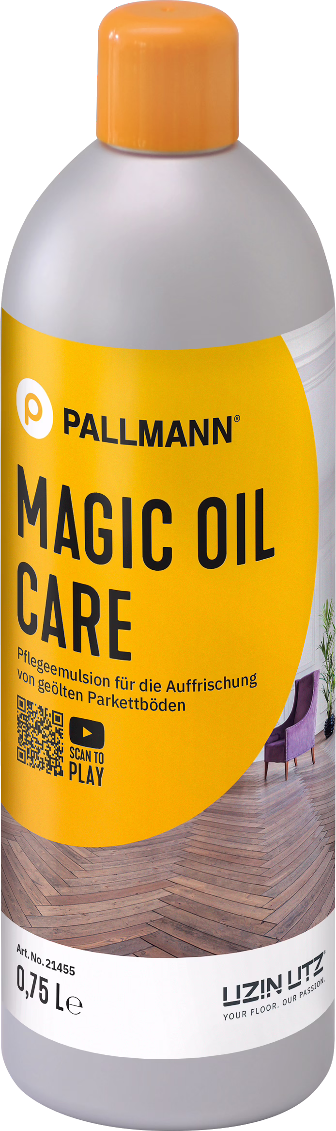 Una botella de Pallmann Magic Oil Care, una emulsión de mantenimiento para refrescar suelos de madera engrasados, con una etiqueta amarilla que contiene información del producto y un código QR.