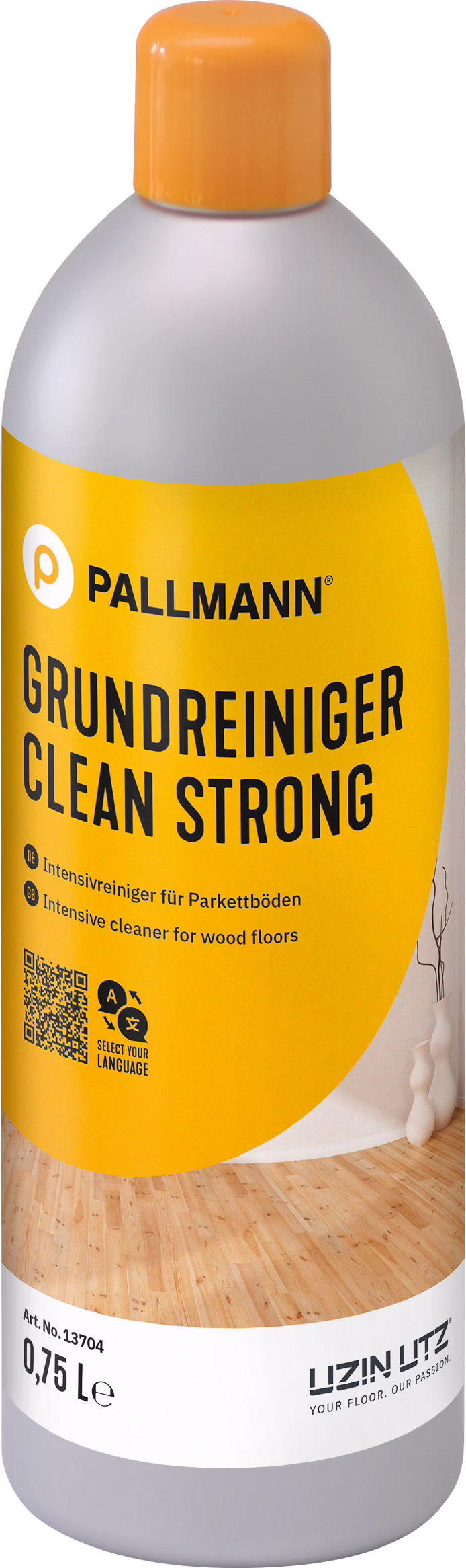 Botella alta de plástico con tapón de rosca naranja y etiqueta amarilla brillante con la marca PALLMANN y el nombre del producto GRUNDREINIGER CLEAN STRONG. Contiene 0,75 L de limpiador intensivo para suelos de madera. La etiqueta presenta tipografía negra en negrita, un código QR, pictogramas y una foto de un suelo de parquet claro; en la parte inferior aparece el logotipo UZIN UTZ con el lema 'YOUR FLOOR. OUR PASSION.' El diseño transmite un producto profesional para la limpieza profunda y la eliminación de suciedad persistente en suelos de madera; la botella tiene hombros redondeados y un cuerpo de plástico gris.