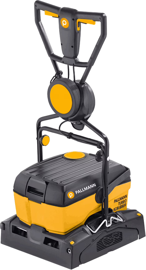 PALLMANN_dummy_PALLMANN TURBO SCRUBBER_msl_2017-02 Máquina profesional para limpieza de suelos PALLMANN Turbo Scrubber en amarillo y gris oscuro. El aparato vertical presenta un robusto asa con controles integrados y un carrete de cable enrollado, una base rectangular compacta con carcasa del cepillo y rejillas de ventilación, logotipos visibles en el lateral y una estructura de plástico resistente para uso comercial intensivo.