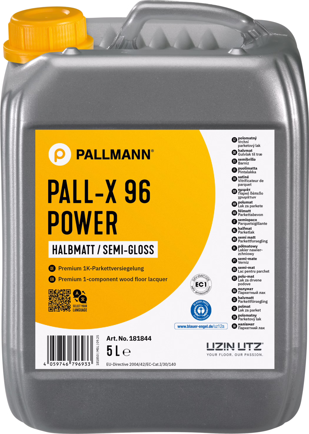 Bidón de plástico gris de 5 litros del barniz para suelos de madera Pallmann PALL‑X 96 Power. El envase rectangular tiene un asa integrada en la parte superior, una tapa de rosca amarilla y una etiqueta naranja y blanca en el frontal con el texto 'PALL‑X 96 POWER' y 'HALBMATT / SEMI‑GLOSS'. La etiqueta muestra instrucciones multilingües y símbolos, un código de barras, el número de artículo (Art. No. 181844) y el logotipo del fabricante UZIN UTZ. Fotografía de producto en estudio sobre fondo blanco que muestra claramente la forma, la etiqueta y la capacidad.