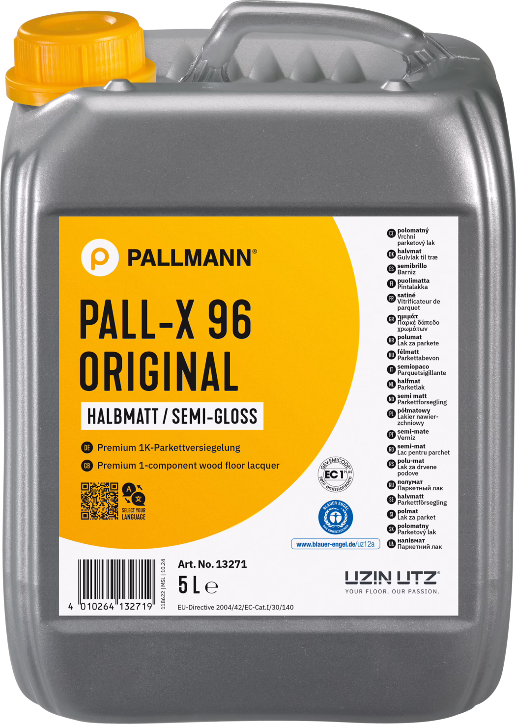 Bidón gris de plástico de 5 litros de la marca Pallmann: PALL-X 96 Original, barniz para suelos de madera semi-brillo. El envase rectangular tiene un asa superior integrada y un tapón amarillo; la etiqueta es naranja con el nombre 'PALL-X 96 ORIGINAL' en negro y una sección blanca con descripciones multilingües y sellos de certificación (incluido Blauer Engel). En la etiqueta figura 'Halbmatt / Semi-Gloss', 'Premium 1-component wood floor lacquer', número de artículo 13271, código de barras y '5 L'. Diseñado para proteger y dar acabado a suelos de madera; barniz monocomponente a base de agua para uso profesional y doméstico. La superficie y la forma del bidón muestran texturas propias de la fabricación; apto para aplicación con brocha, rodillo o máquina.