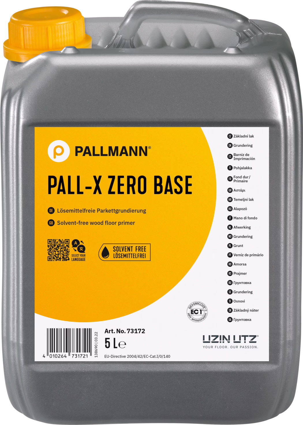 PALLMANN_dummy_Pall-X-Zero-Base_5l_msl_2021-12 Bidón de plástico gris de 5 litros de Pallmann 'PALL-X ZERO BASE', imprimación para suelos de madera sin disolventes con gran etiqueta amarilla, texto negro y tapón naranja.
