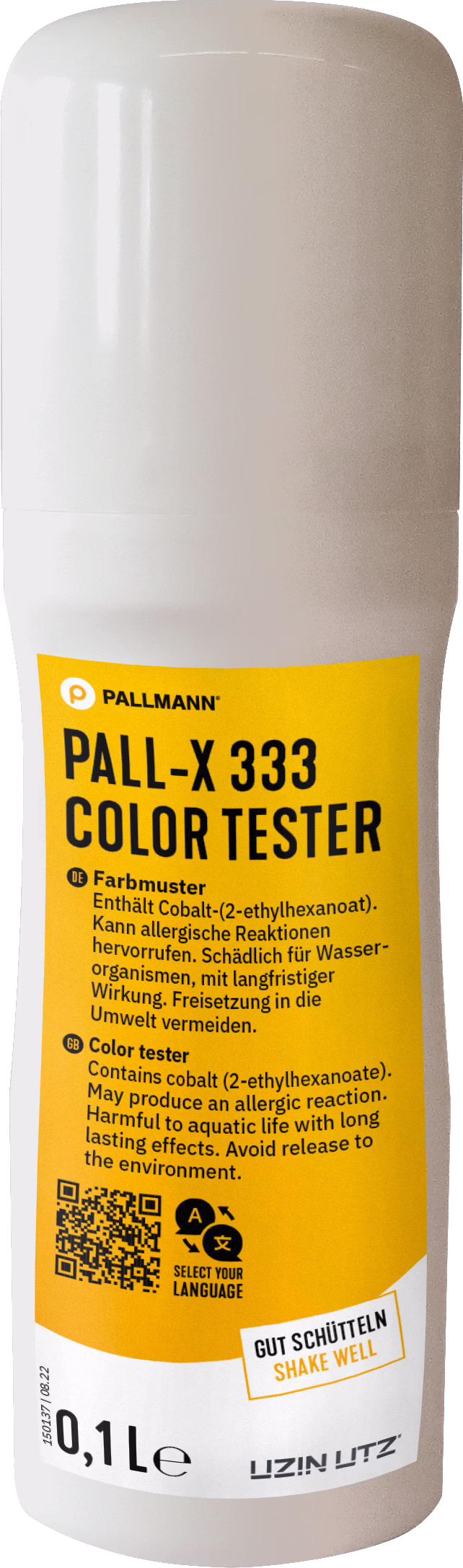 PALLMANN_dummy_Pall-X-333-Color-Tester_0,1l_msl_2021-12 Close-up product photograph of a small cylindrical white plastic bottle with a rounded cap and a glossy surface. A bright yellow rectangular label wraps around the lower two-thirds of the bottle and prominently displays the brand name 'PALLMANN' and the product name 'PALL-X 333 COLOR TESTER' in large black letters. The label includes bilingual safety text in German and English warning about cobalt (2-ethylhexanoate), possible allergic reactions and long-term harm to aquatic life, a QR code, a language selection icon and a boxed instruction reading 'GUT SCHÜTTELN / SHAKE WELL'. The bottom of the label shows the volume marking '0,1 L' and the manufacturer name 'UZIN UTZ'. The image is well lit with visible reflections on the plastic cap, a neutral light background, and the bottle is photographed upright and centered, suitable for product presentation or e-commerce use.